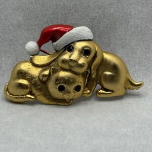 Danecraft Gold Dog Cat Brooch Santa‎ Hat Christmas Pin Vintage Holiday Jewelry